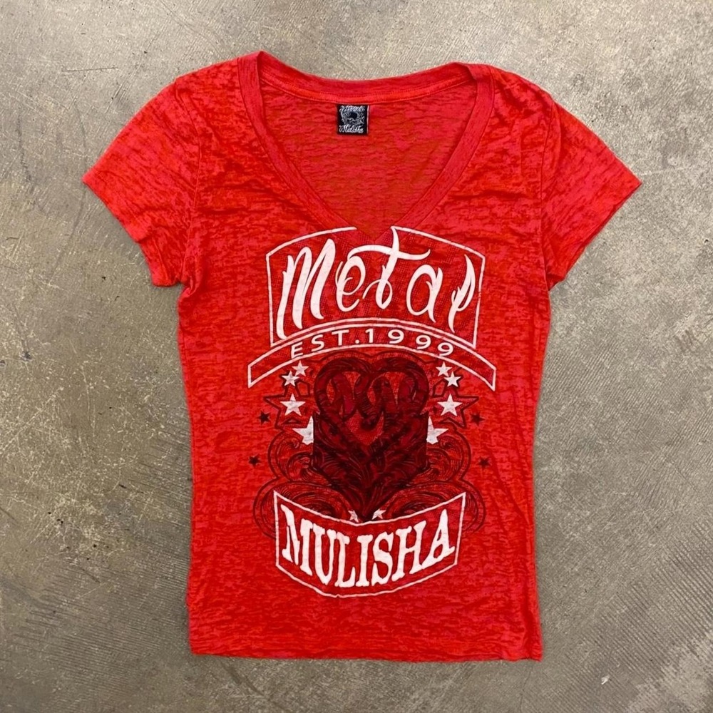 Vintage Y2K Metal Mulisha Punk Grunge Womens Skate 2000s V-Neck T-Shirt Large